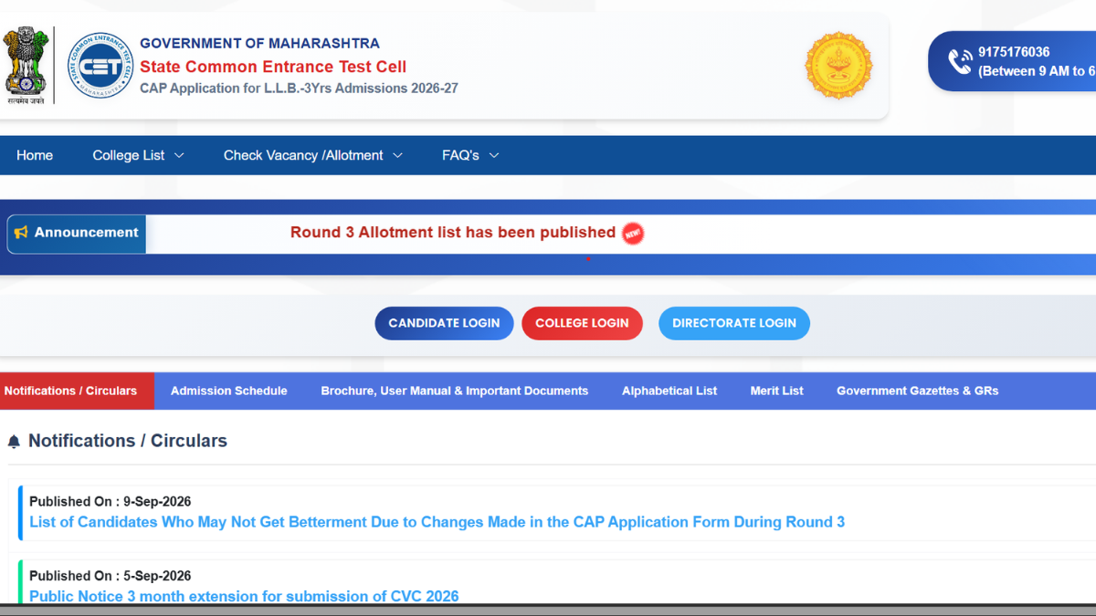 MH CET 3-year LLB Round 3 seat allotment 2026 out: Check 23,859 seat allocation and admission dates - India Today